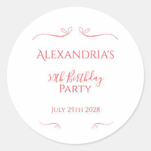 50th Birthday Party Minimal Modern Pink Red Classic Round Sticker