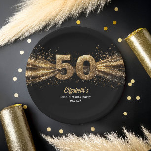  50th Birthday Party Modern Black and Gold Paper Plate