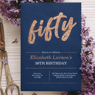 50th Birthday Party Modern Gold & Blue Fifty Invitation