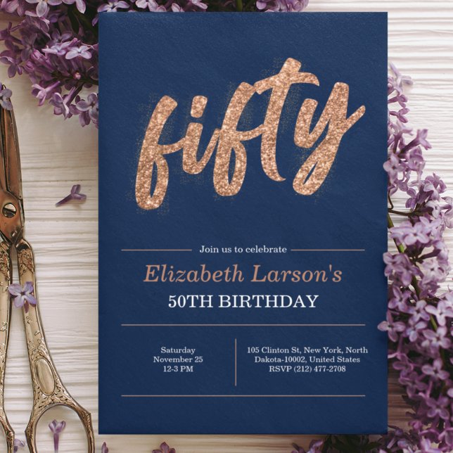 50th Birthday Party Modern Gold & Blue | Fifty Invitation (Creator Uploaded)