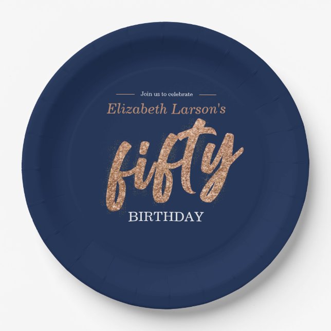 50th Birthday Party Modern Gold & Blue | Fifty Paper Plate (Front)