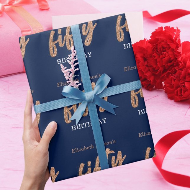 50th Birthday Party Modern Gold & Blue | Fifty Wrapping Paper (Creator Uploaded)