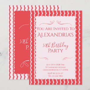 50th Birthday Party Modern Pink Red Invitation