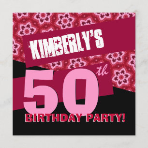 50th Birthday Party Modern Red Black  Pink G32 Invitation