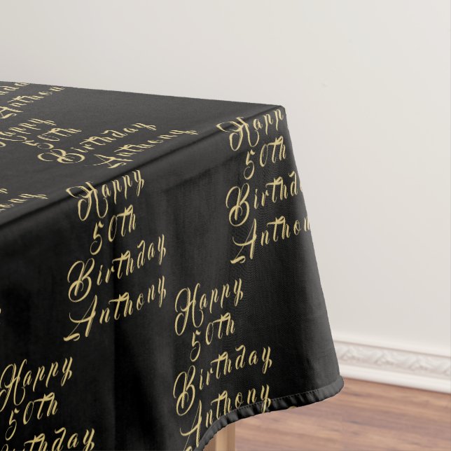 50th Birthday Party Name Black Modern Pattern Tablecloth (In Situ)