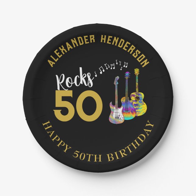 50th Birthday Party Name Music Guitars Rocks 50 Paper Plate (Front)