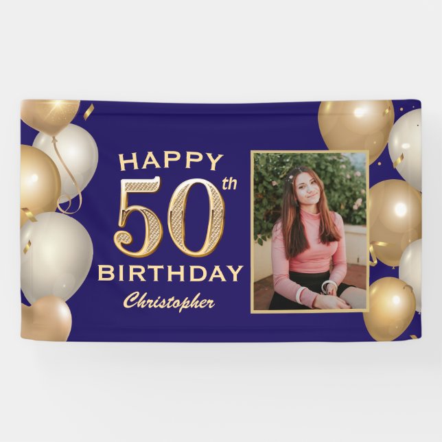 50th Birthday Party Navy Blue and Gold Balloons Banner (Horizontal)