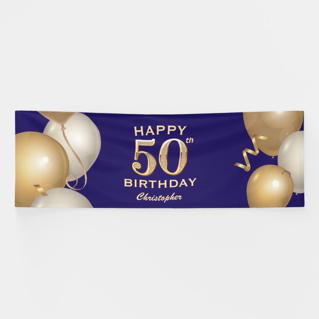 50th Birthday Party Navy Blue and Gold Balloons Banner (Horizontal)