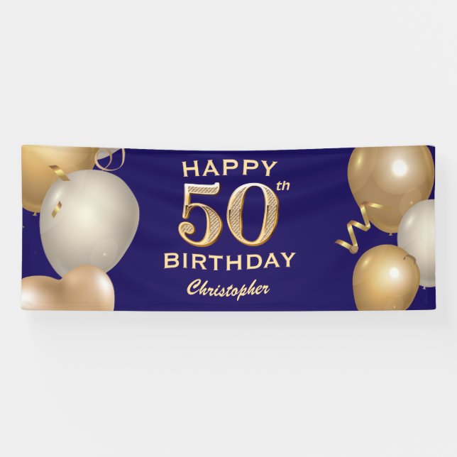 50th Birthday Party Navy Blue and Gold Balloons Banner (Horizontal)
