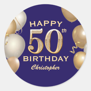 50th Birthday Party Navy Blue and Gold Balloons Classic Round Sticker