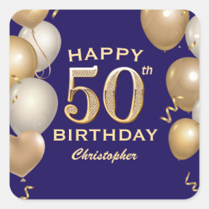 50th Birthday Party Navy Blue and Gold Balloons Square Sticker