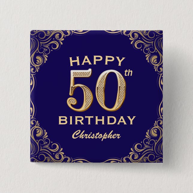 50th Birthday Party Navy Blue and Gold Glitter 15 Cm Square Badge (Front)