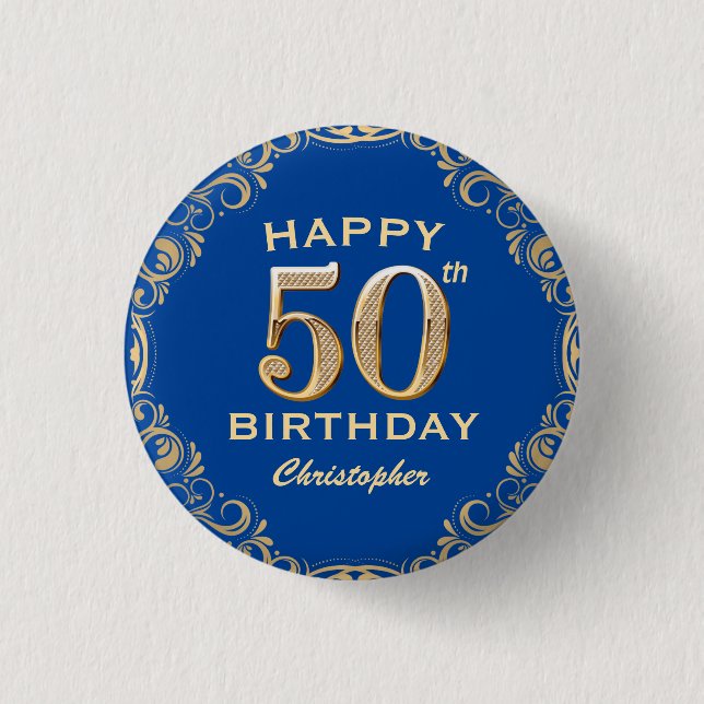 50th Birthday Party Navy Blue and Gold Glitter 3 Cm Round Badge (Front)