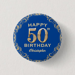 50th Birthday Party Navy Blue and Gold Glitter 3 Cm Round Badge