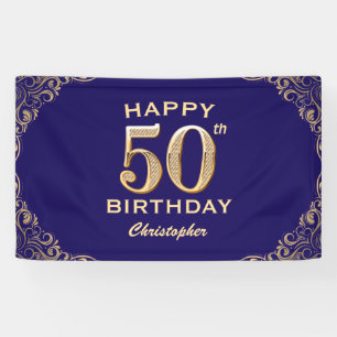 50th Birthday Party Navy Blue and Gold Glitter Banner