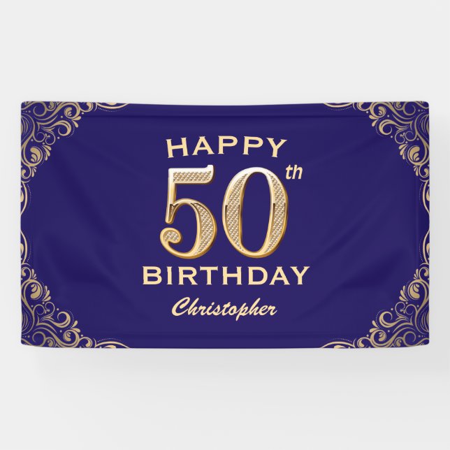 50th Birthday Party Navy Blue and Gold Glitter Banner (Horizontal)
