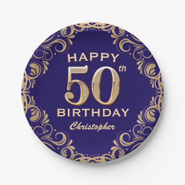 50th Birthday Party Navy Blue and Gold Glitter Paper Plate (Front)