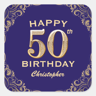 50th Birthday Party Navy Blue and Gold Glitter Square Sticker