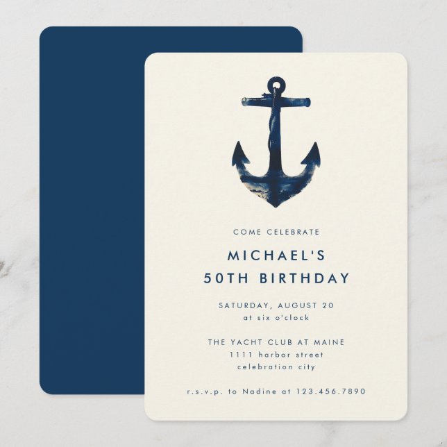 50th Birthday Party Navy Blue Nautical Anchor Invitation (Front/Back)