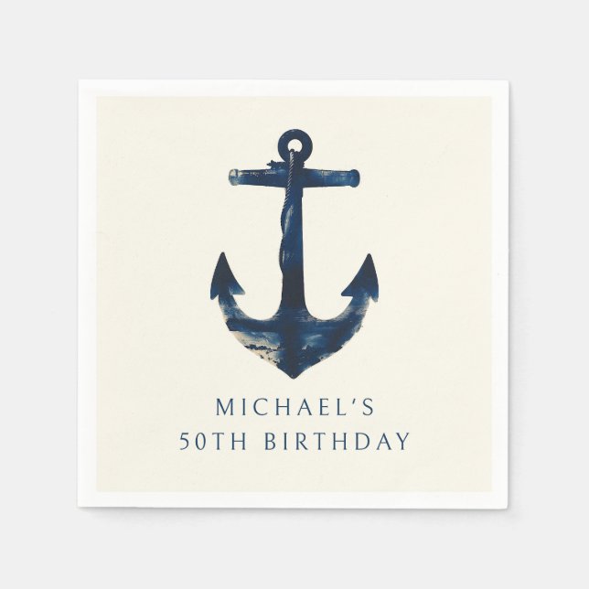 50th Birthday Party Navy Blue Nautical Anchor Napkin (Front)