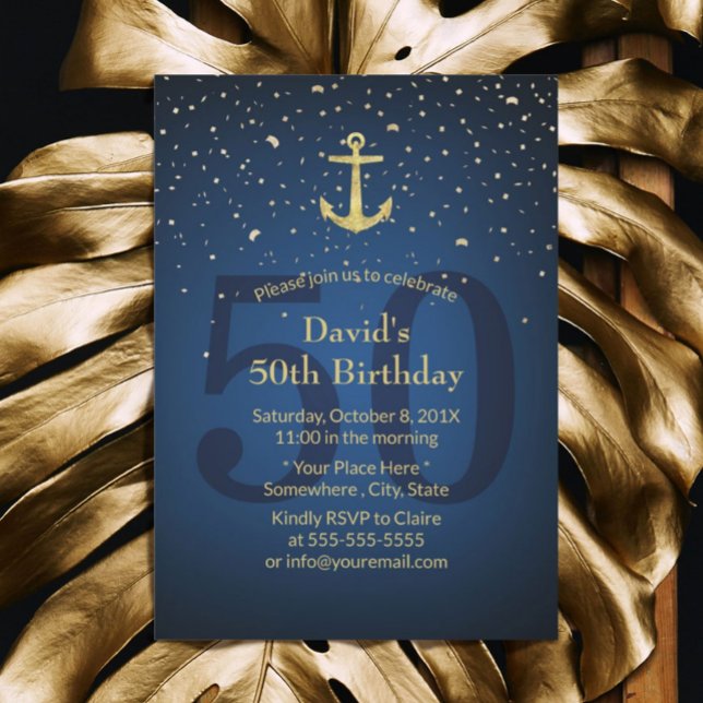 50th Birthday Party Navy Blue Nautical Gold Anchor Invitation (Creator Uploaded)