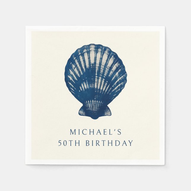 50th Birthday Party Navy Blue Nautical Sea Shell Napkin (Front)