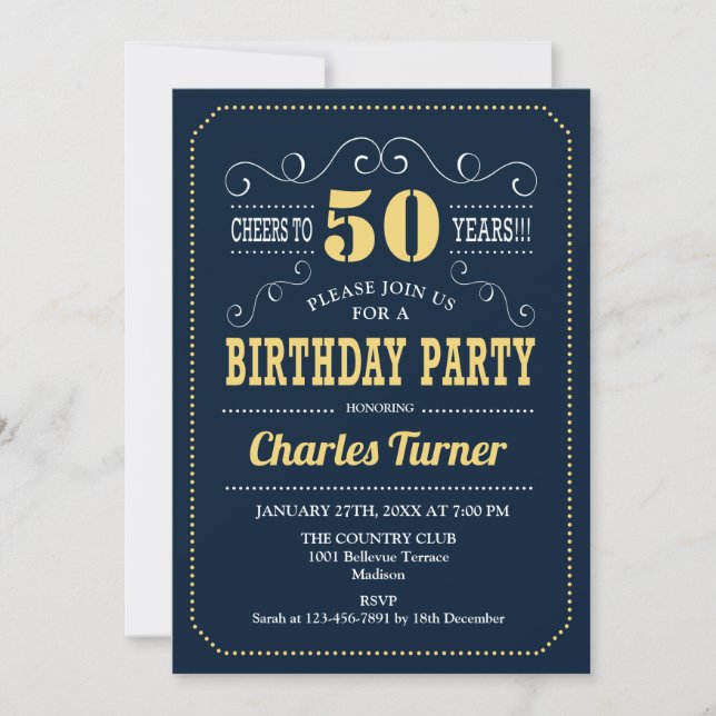 50th Birthday Party - Navy Gold Invitation (Front)