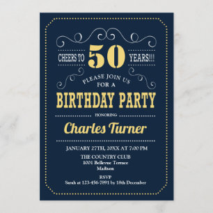 50th Birthday Party - Navy Gold Invitation