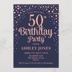 50th Birthday Party - Navy & Rose Gold Invitation