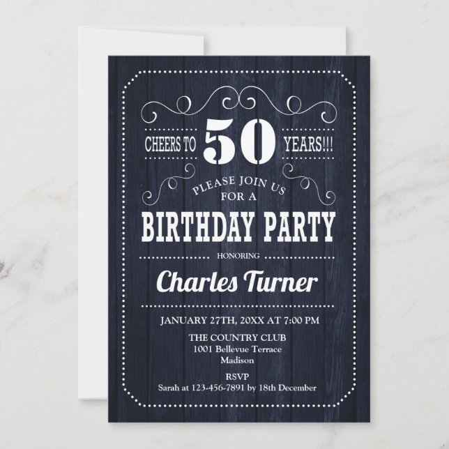 50th Birthday Party - Navy Wood Pattern Invitation (Front)
