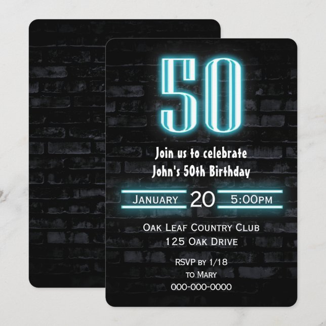 50th Birthday Party Neon Sign on Brick  Invitation (Front/Back)