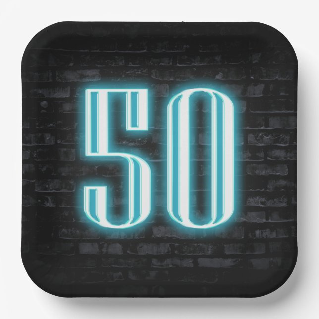 50th Birthday Party Neon Sign on Brick  Paper Plate (Front)