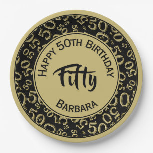 50th Birthday Party Number Pattern Black/Gold 50 Paper Plate