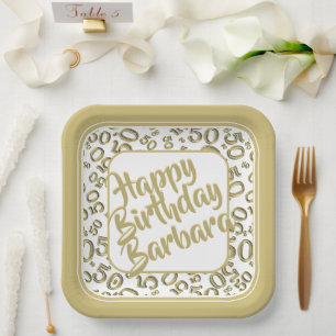 50th Birthday Party Number Pattern Gold/White Paper Plate