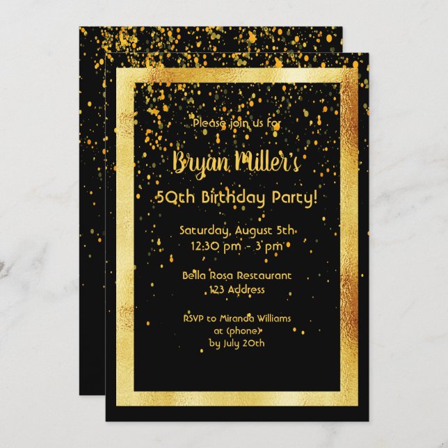 50th birthday party on black with faux gold frame invitation (Front/Back)
