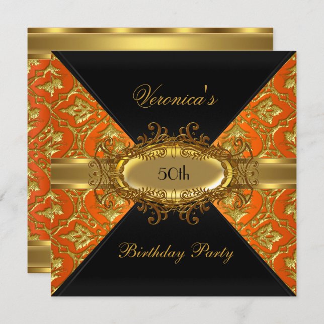 50th Birthday Party Orange Gold Black Damask Invitation (Front/Back)