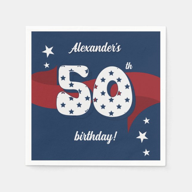 50th Birthday Party Patriotic Red White Blue Stars Napkin (Front)