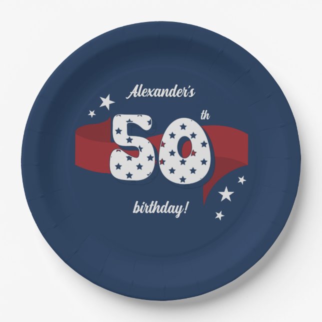 50th Birthday Party Patriotic Red White Blue Stars Paper Plate (Front)