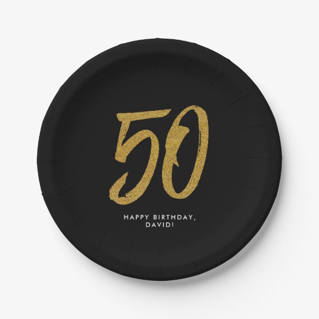 50th birthday party personalised gold paper plate (Front)