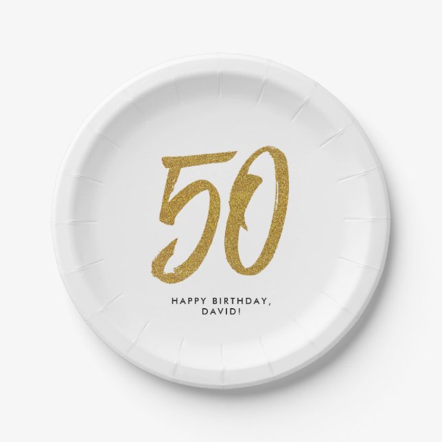 50th birthday party personalised gold white paper plate (Front)