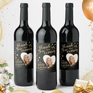50th Birthday Party Photo Black and Gold Thank You Wine Label