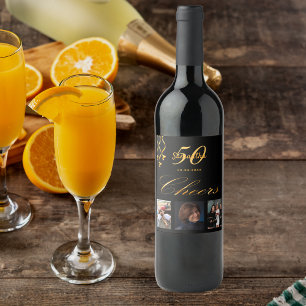 50th birthday party photo black gold cheers script wine label