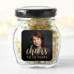 50th Birthday Party Photo Cheers Square Sticker<br><div class="desc">This custom 50th birthday sticker features the guest of honour's personalised photo and birthday,  along with the word "Cheers" in elegant gold-coloured calligraphy script. A dark screen helps make the text pop. A great way to celebrate someone who's turning fifty!</div>
