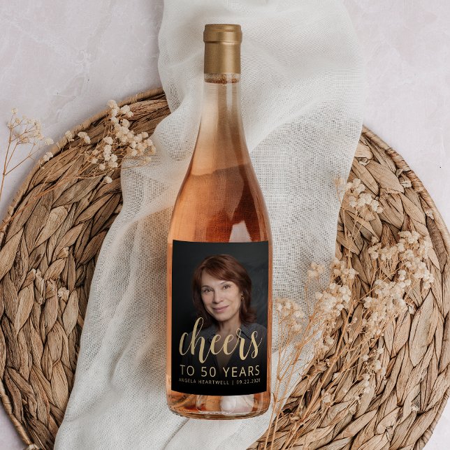50th Birthday Party Photo Cheers Wine Label (Creator Uploaded)
