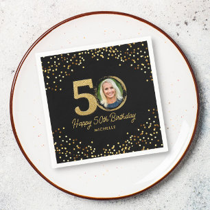 50th Birthday Party Photo Chic Black Gold Glitter Napkin