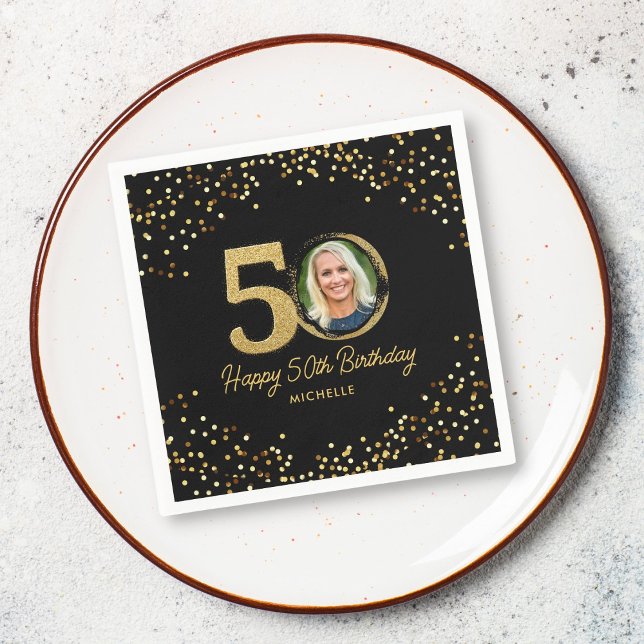 50th Birthday Party Photo Chic Black Gold Glitter Napkin (Creator Uploaded)