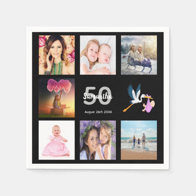 50th birthday party photo collage black napkin (Front)