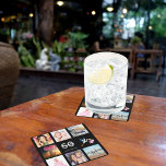 50th birthday party photo collage black square paper coaster<br><div class="desc">A party coaster for a girly 50th birthday party,  celebrating her life with a collage of 8 of your photos.  Templates for a name,  age 50 and a date.  Date of birth or the date of the party.  White and grey coloured letters.  Elegant black background.</div>