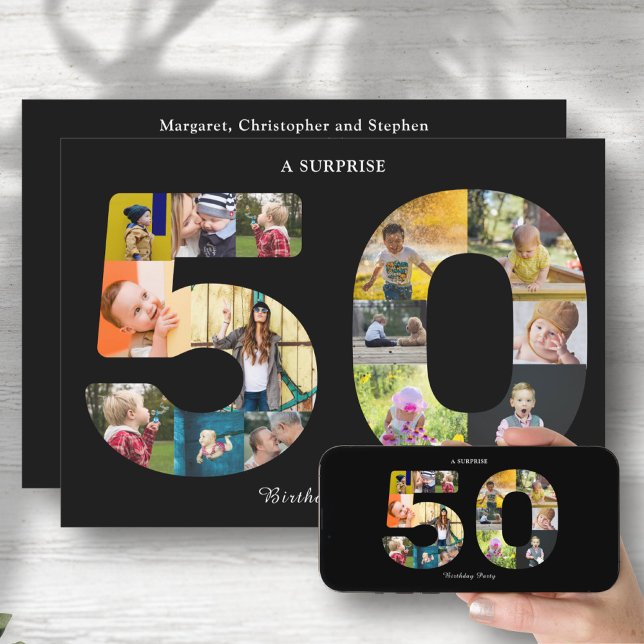 50th Birthday Party Photo Collage Black White Invitation (Creator Uploaded)