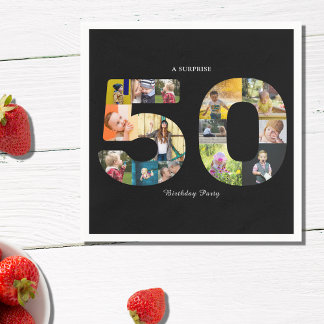 50th Birthday Party Photo Collage Black White Napkin